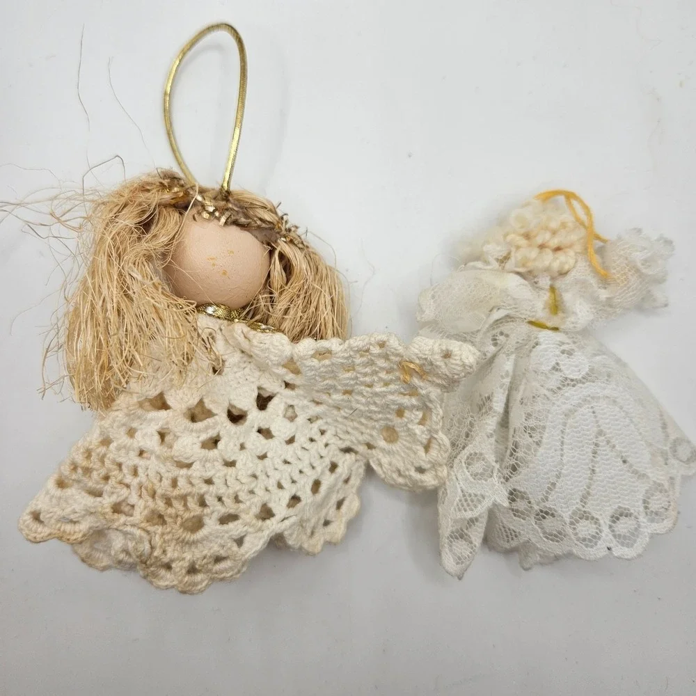 Vintage Handmade Angel Christmas Ornaments Lot of 2 Crochet Lace Wood‎ Head